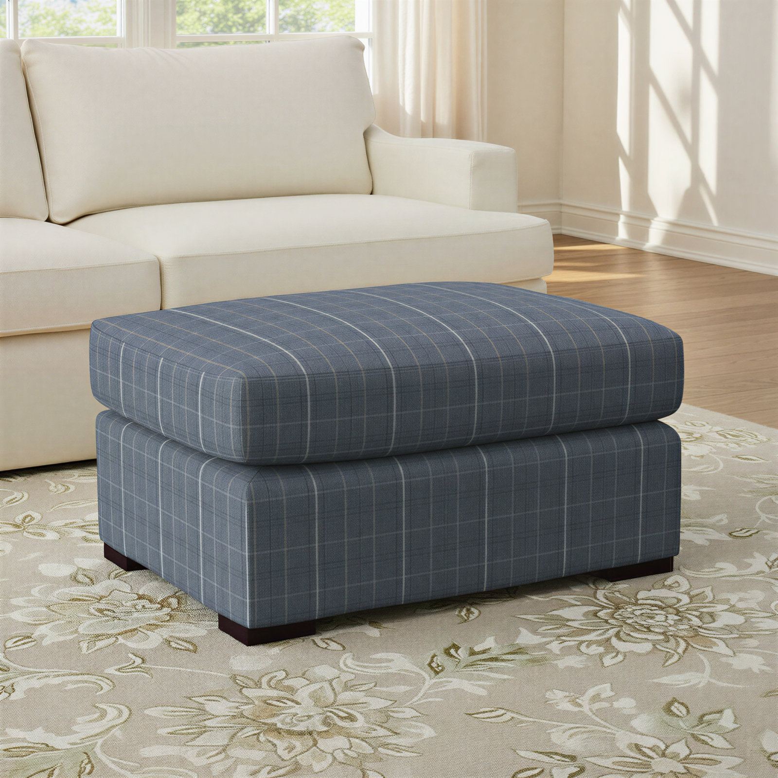 Bel-Air Upholstered Ottoman, Java Finish, Lapis Plaid