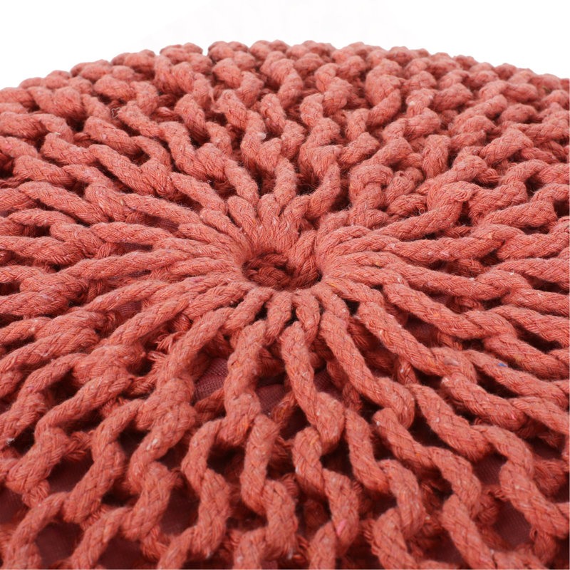 Knitted Cotton Round Pouf, Coral