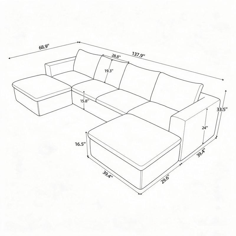 Canapé d'angle 4 places en lin kaki avec 2 poufs, canapé modulaire rembourré
