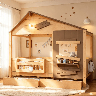 Lit de jeu en bois, lit de maison épissé de style campagnard avec tablette de fenêtre et crochets latéraux, cadre de lit de maison de jeu avec barrière de sécurité et toit, lit de maison pour enfants pour chambre d'enfant