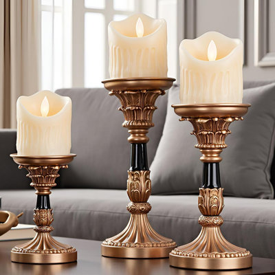 Ensemble de 3 porte-bougies en résine - cadre doré antique avec décorations gravées (9 po, 7,5 po, 6 po)