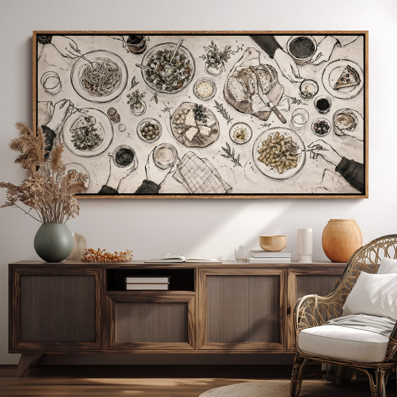 Très grande table de salle à manger familiale rustique avec des pâtes à pain artisanales et une impression de repas partagé