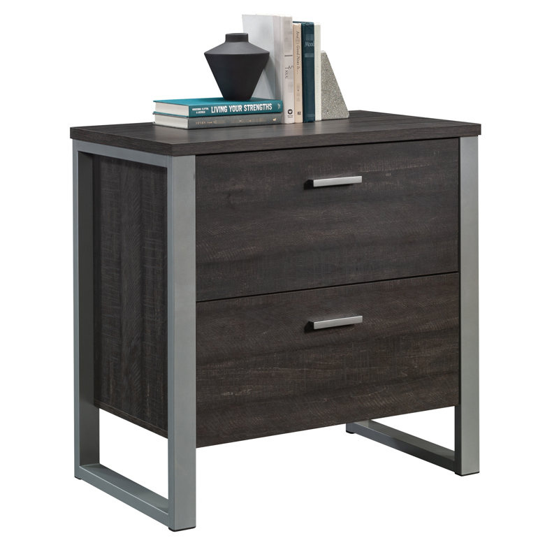 Classeur latéral à 2 tiroirs brun foncé, coulisses pleine extension, structure argentée, système, format moderne compact avec 2 tiroirs, verrouillage, tout fini, installation rapide pour le bureau