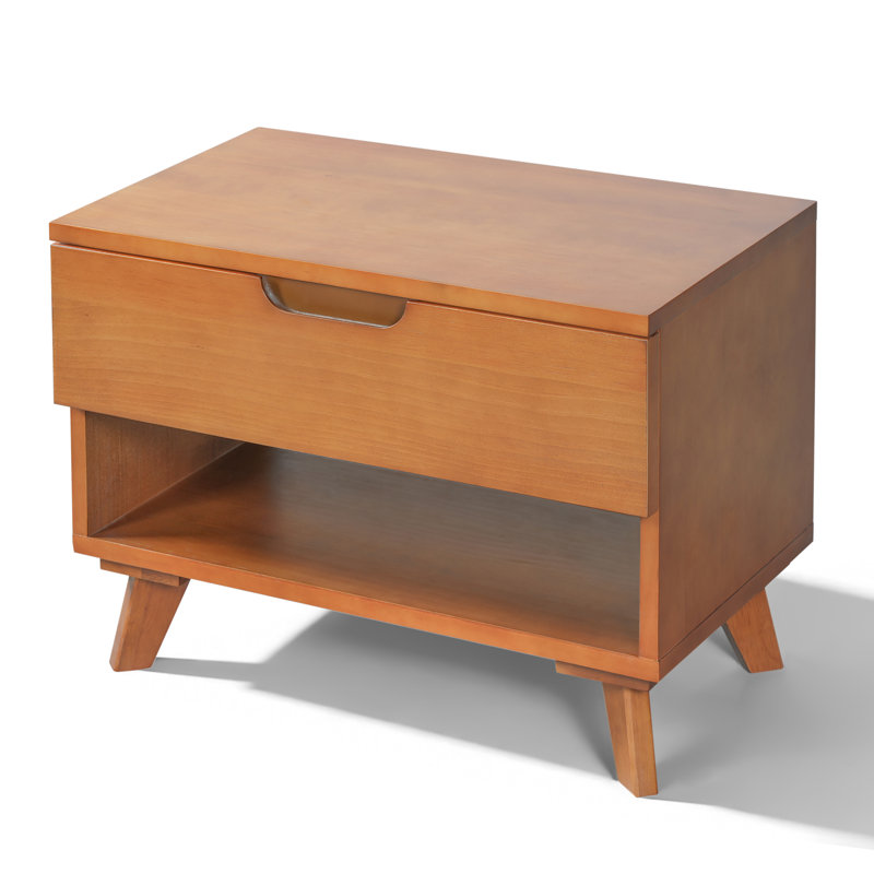 Ulmer Mid-Century Modern Wood Nightstand with Drawer and Open Shelf, Bedside Table with Solid Wood Legs
