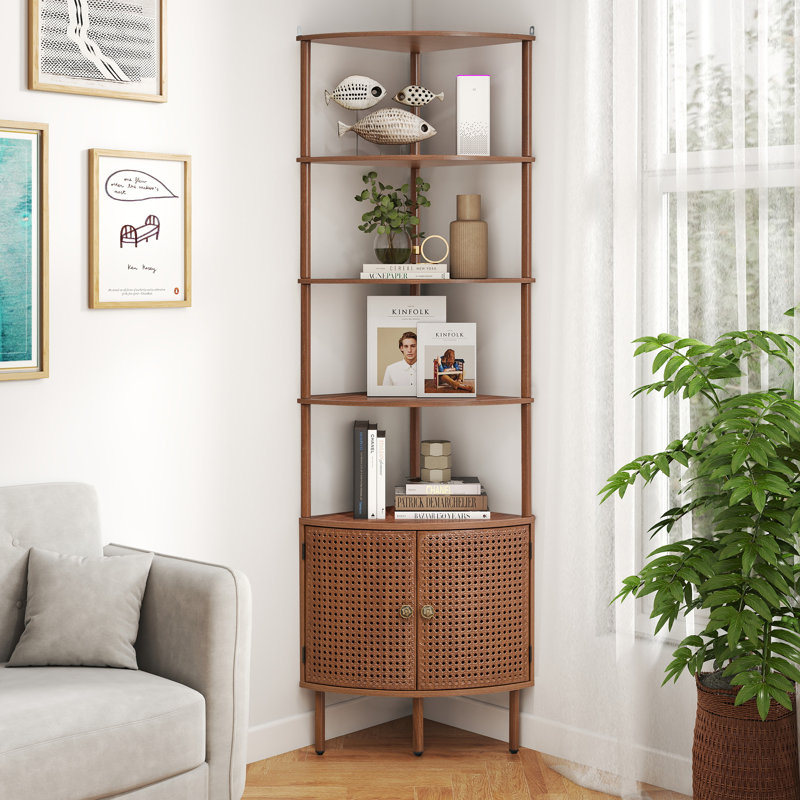 Corner Bookshelf, 5 - Tier Storage Shelf With Cabinet, Walnut