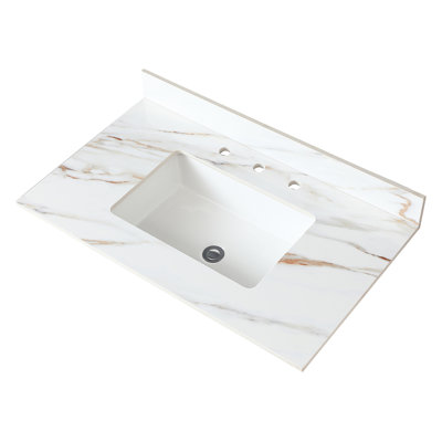 Meuble-lavabo blanc 37 po - comptoir avec évier rectangulaire encastrable 4 po 37 po, trou de robinet pré-percé, produits chimiques, pierre frittée pour un effet luxueux