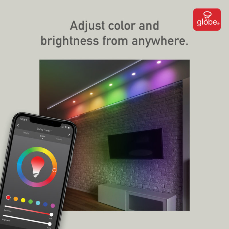 Ensemble d’éclairage à del blanc encastré 4 pouces ultra slim à changement de couleur multicolore, sans moyeu requis, activé par la voix, 9 watts Globe Smart Collection
