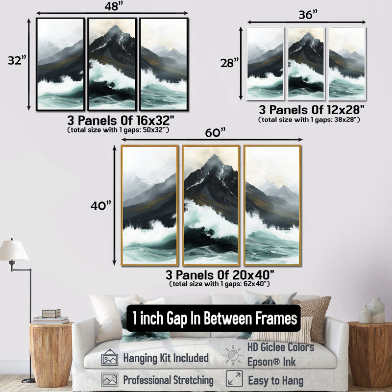 Stormy Seas Mountain Landscape II - ensemble de décorations murales paysage de montagnes, Toile avec cadre flottant noir