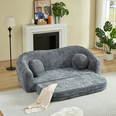 Canapé inclinable convertible de 86 pouces incurvé, canapé-lit pliant sans cadre 2 en 1 avec base coulissante et assise profonde, canapé inclinable en chenille à deux places, aucun assemblage requis gris