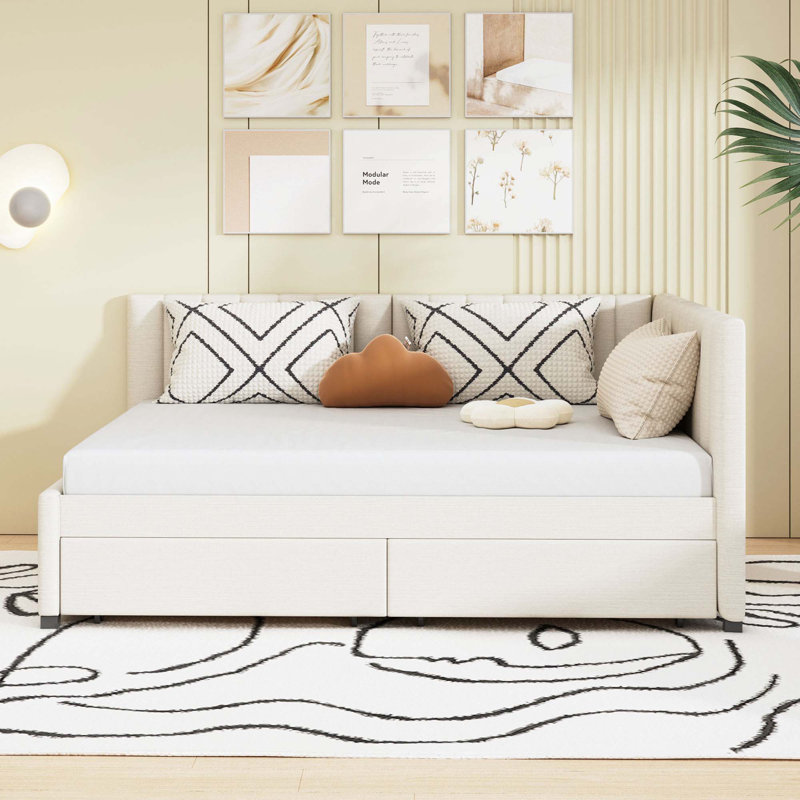 Full Size Upholstered Daybed With 2 Storage Drawers Sofa Bed Frame No Box Spring Needed, Linen Fabric, Beige