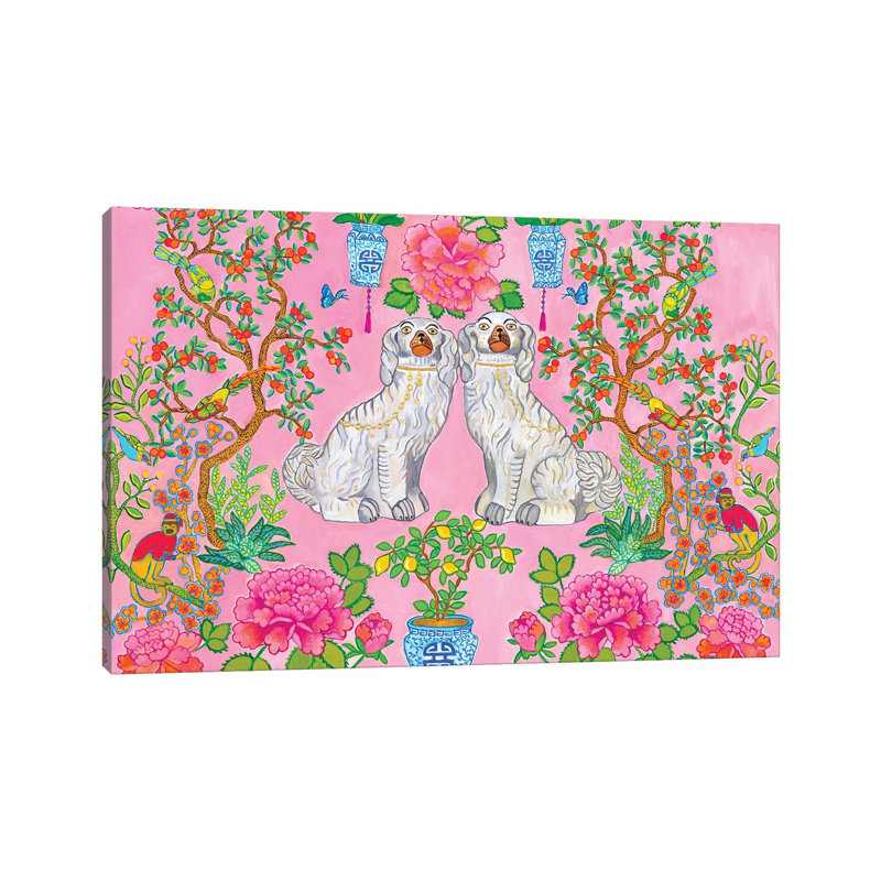 Staffordshire Dogs Chinoiserie en rose, giclée sur toile tendue avec châssis