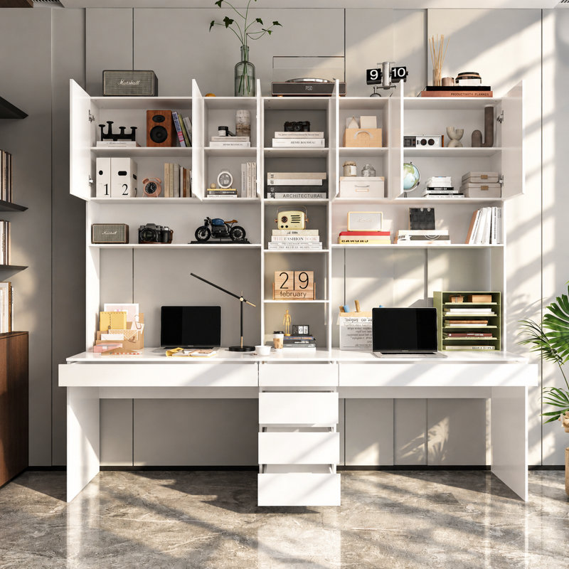86.6'' H Bookcase with Desk, Open Shelves, 4 Storage Cabinets and 6 Drawers