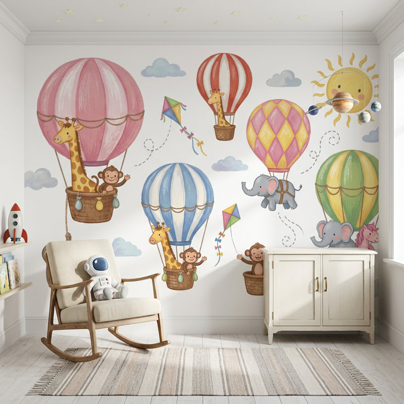 Ballons à air chaud fond d'écran mignon animaux chambre d'enfant amovible décoration murale, 160 po x 108 po, Non tissé