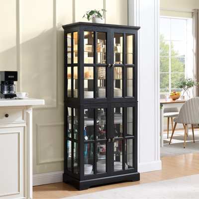 Armoire en verre cerisier avec portes, tablettes réglables, ampoule E26 incluse pour l'intérieur, tablettes noires élégantes, poignées en métal élégantes, éclairage de chambre à coucher