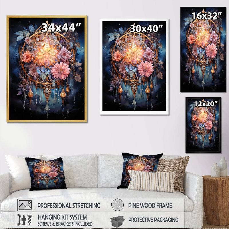 «Zatara Yellow Dreamcatcher Dusks Embrace», reproduction sur toile, H 44 po x l 34 po x P 1,5 po, Cadre photo noir