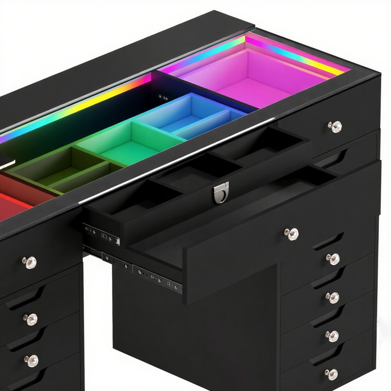 Makeup Vanity HD Glass Top Built-in LED Light Strips Large 15 Drawers Diamond Handles USB and Type-C, Black