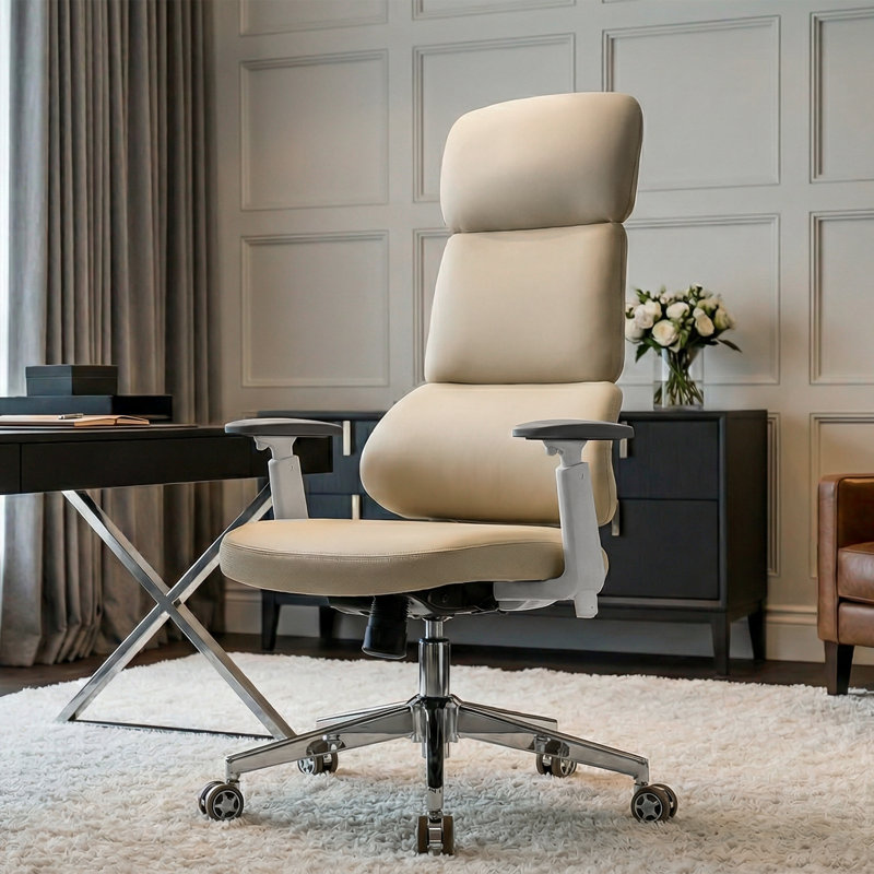  Modern High Back Office Pu Leather Executive Desk Chair,White, Beige/White