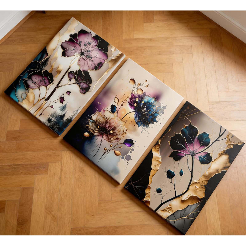 Purple Gold Abstract Flowers Canvas Wall Art Elegant Purple Gold Florals Pictures Wall Decor Purple And Gold Posters Prints Artwrok For Living Room Bedroom Hallway Home Decoration 12X16in