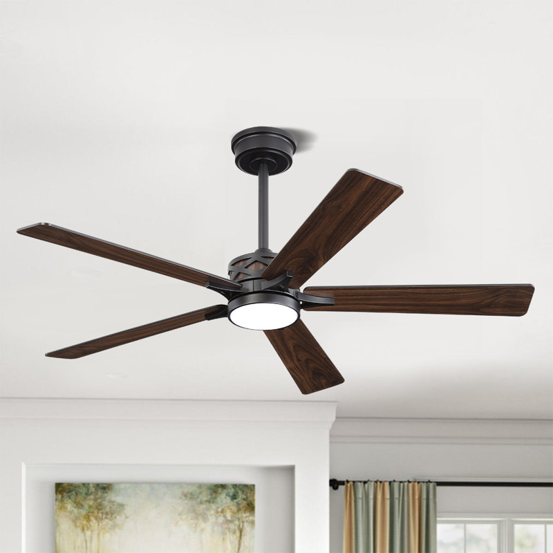 Ventilateur de plafond d'intérieur à 5 pales Portico avec ensemble d'éclairage et télécommande, 52", Noir, Noyer foncé