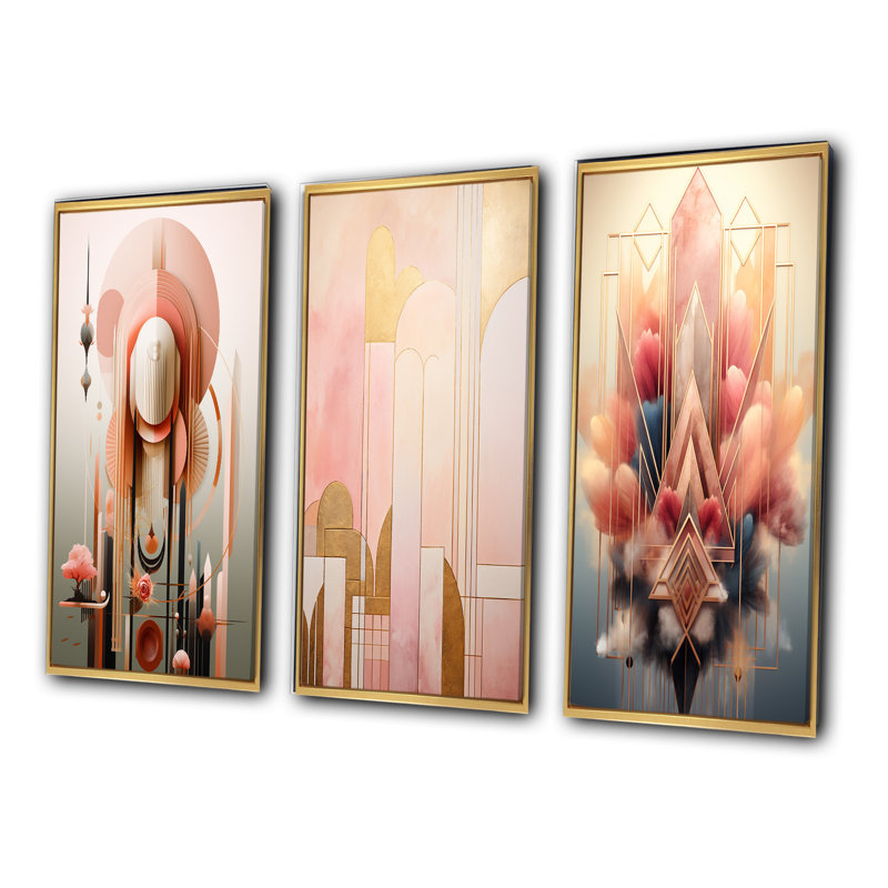 «Infinite Poss possibilités Geometric City Retro Rose», 3 pièces sur toile, Cadre flottant doré, H 40 po x l 60 po