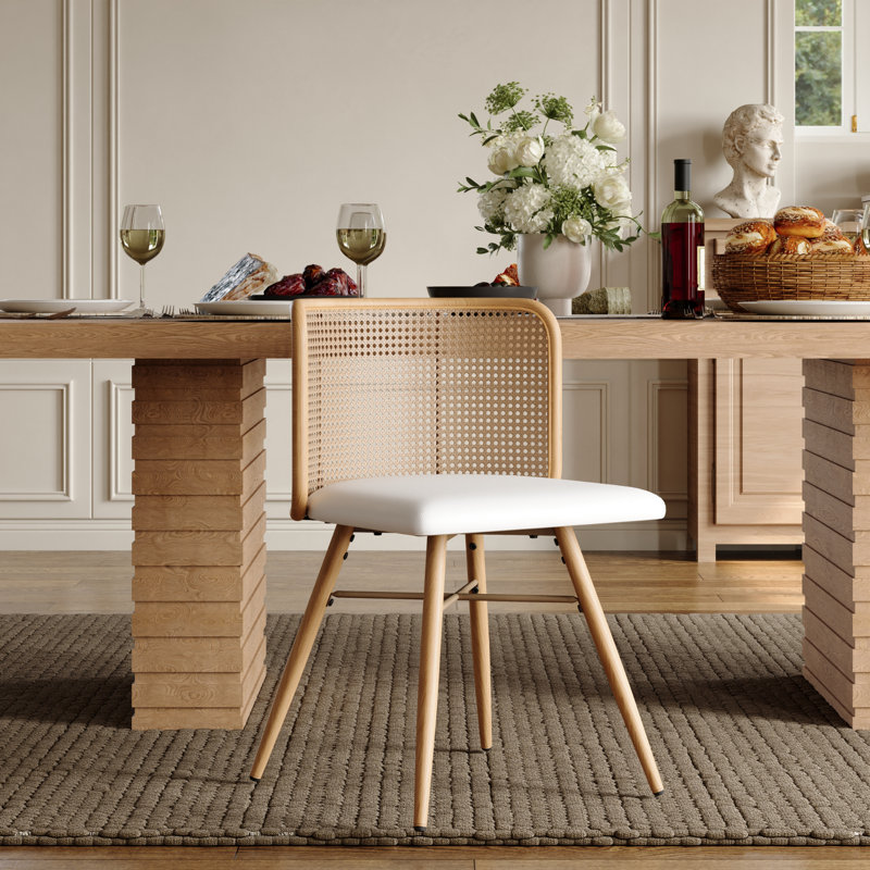 Chaise de salle à manger à dossier en rotin de 18,1 po de hauteur (ensemble de 2), 2, Blanc, Beige