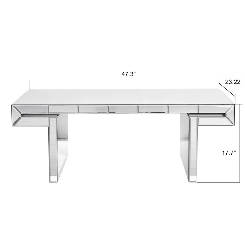 Table basse à miroir rectangulaire de 47 pouces avec verre trempé cannelé, installation en 2 étapes, finition, pièce de salon facile à assembler, égratignure, ajout latéral