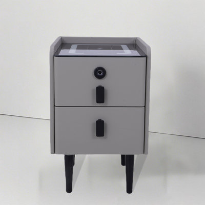 Narrow Smart Bedside Table | Fingerprint Lock + Wireless Charging + Bluetooth Speaker | Light Gray Solid Wood Two-drawer Design by Ivy Bronx