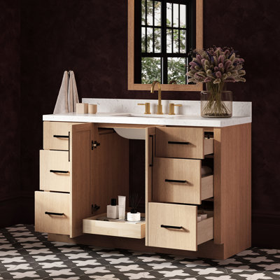 54 Inch Single Rectangle Sink Bathroom Vanity with Carrara White Quartz Countertop 1.5 Inch in Natural Oak