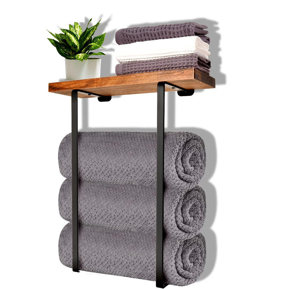 Towel Rack for Bathroom Wall Mounted with Wooden Shelf Storage Rack Organizer