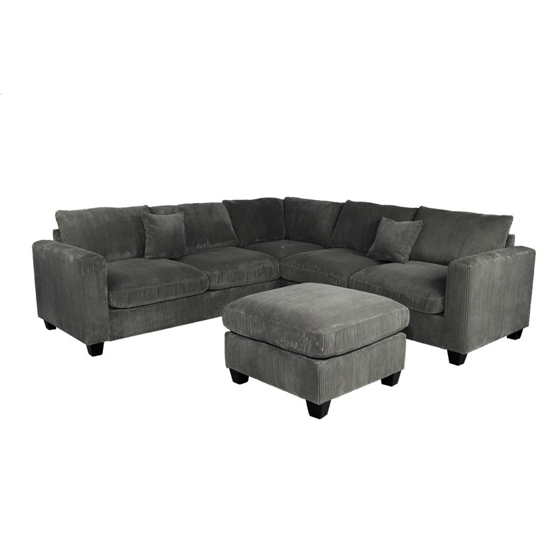 Modern Style L-Shaped 4Pc Sectional Set Cocktail Ottoman Square Arms Throw Pillow Corduroy Upholstered Dark Gray Finish Primary Living Room