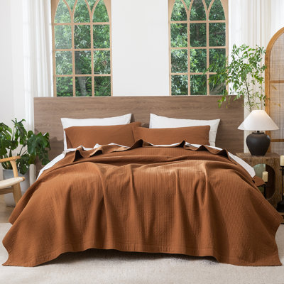 MooMee Lightweight Quilt Set 100% Washed Cotton Linen-Like Stripe Stitch Breathable All-season 
