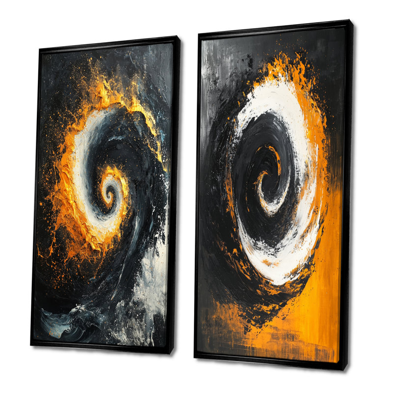 Jaune et aurores boréales I - ensemble de 2 pièces d'art abstrait spirales abstraites, H 40 po x l 40 po, Cadre flottant noir