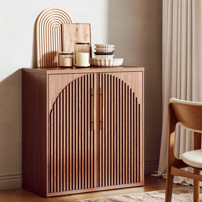 31.5" W 2-Door Fluted Arched Buffet Cabinet with Adjustable Shelves, Modern Sideboard Credenza Coffee Bar Storage Cabinet for Dining Room Entryway Kitchen, Walnut