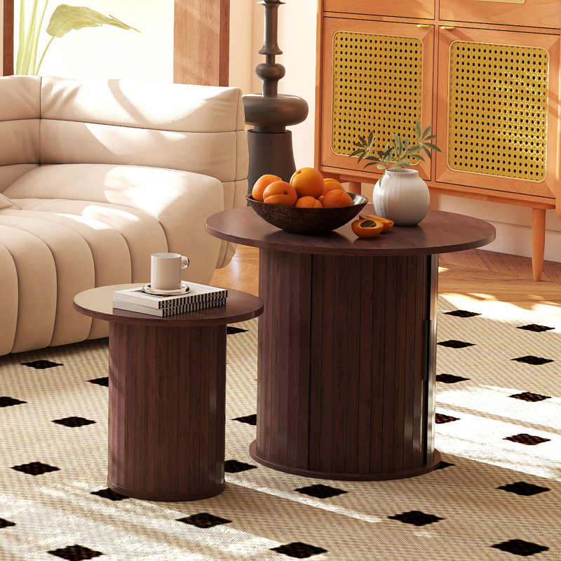 Wooden  Nesting Of Coffee Table With Metal Frame, Set Of 2 Spacious Top Coffee Table Sets With Hidden Storage Space, Walnut