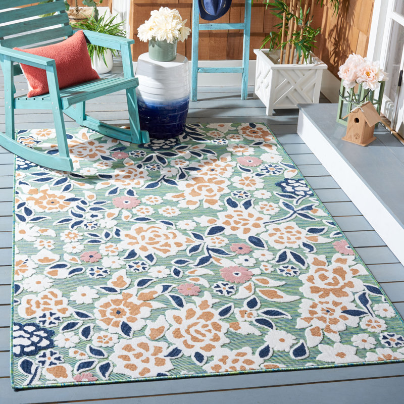 Savoy Floral Green/Navy/Pink Indoor / Outdoor Area Indoor/Outdoor Area Rug, Rectangle 8' x 10'