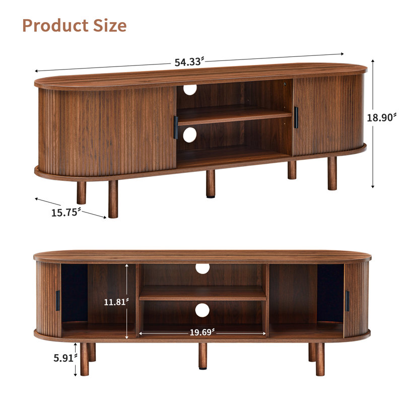 Jehsen Mid-Century TV Stand with Tambour Door, Modern Fluted Media Console, Brown