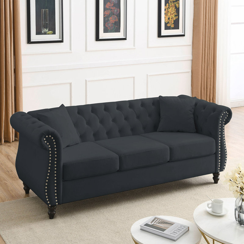 Canapé Chesterfield à accoudoirs roulés, Velours beige, H 30 po x l 80 po x P 29 po