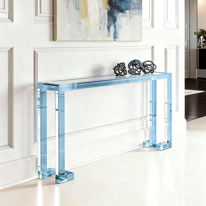Console en verre transparent avec plateau en acrylique, H 31,5 po x l 47,24 po x P 11,81 po, Bleu