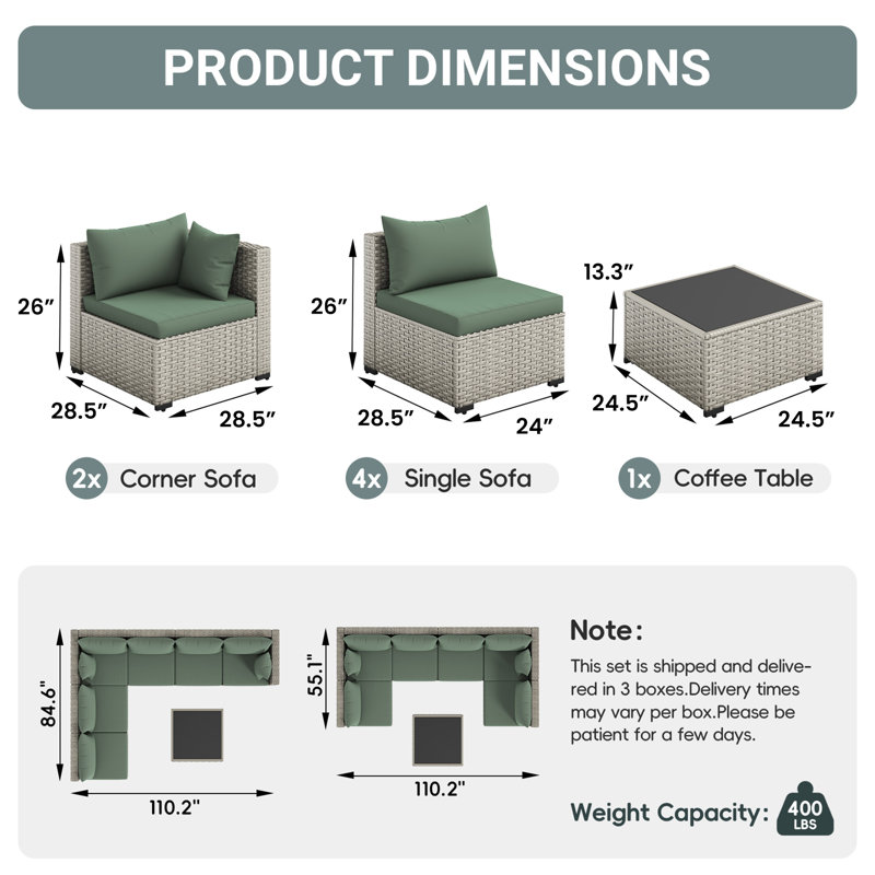 6-Person All-Weather Rattan Sofa Set, Outdoor Seating Group with Cushions & Glass Table, Green