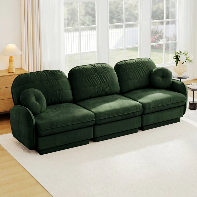 3-Seater Sofa with Round Pillows for Living Room, Green Chenille