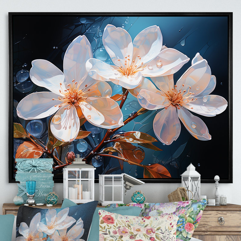 Plumeria blanc transparent sérénité sur toile, Cadre flottant noir, H 34 po x l 44 po x P 1,5 po