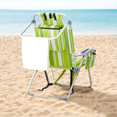 Chaise de plage pliante 5 positions avec porte-gobelet et pochettes de rangement, structure en aluminium vert, capacité de 100 kg, hauteur d'assise de 99 cm