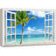 Fenêtre, paysage, magnifique paysage / palmier sur une plage tropicale, impression sur toile tendue-98466520