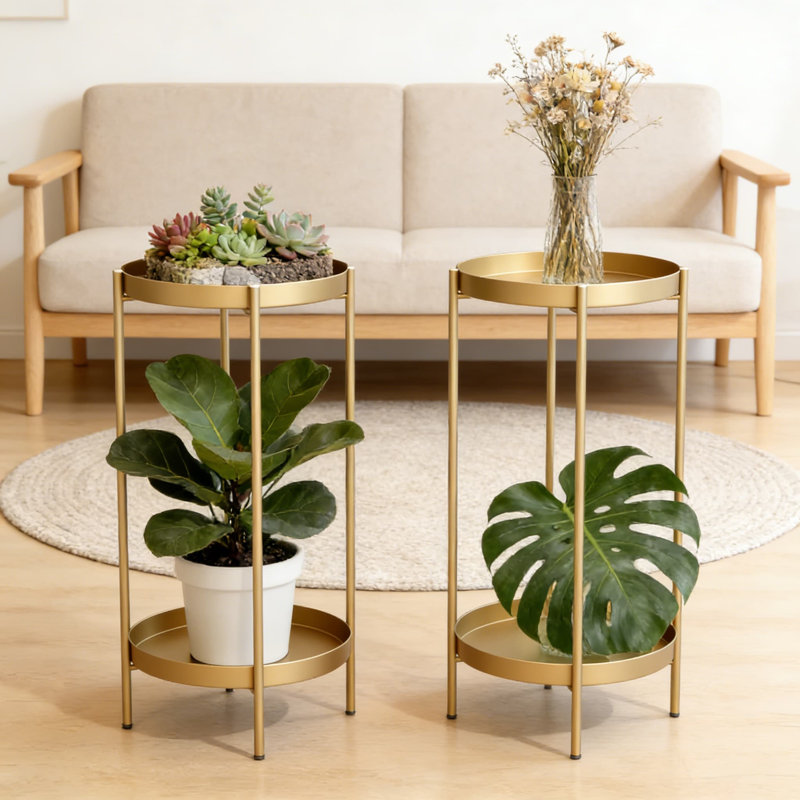 Support pour plante en métal à 2 niveaux avec plateaux amovibles, support robuste pour plante d'intérieur et d'extérieur