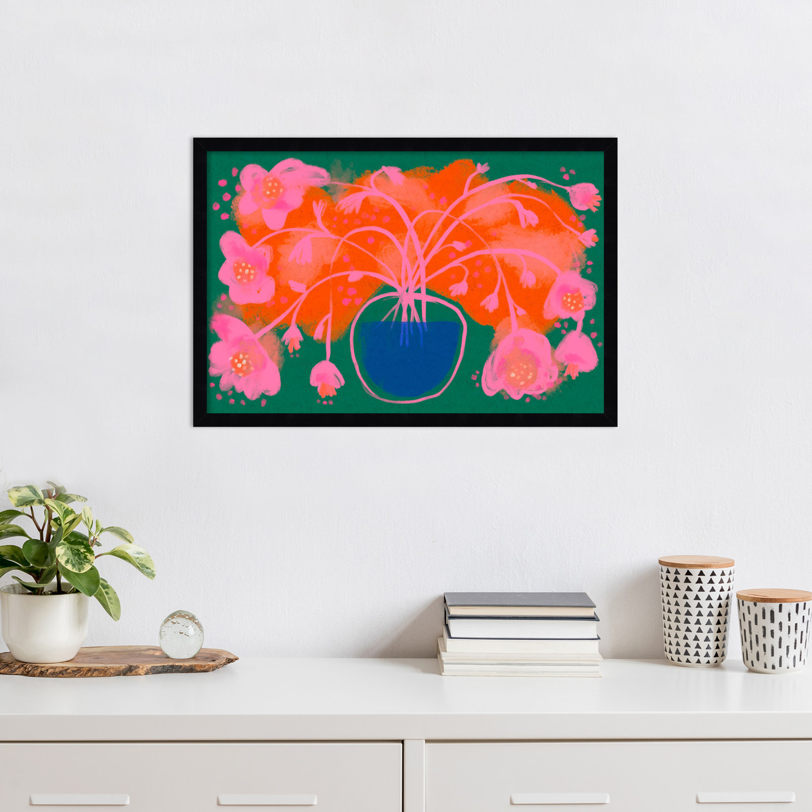 Pink Flower Bouquet by Treechild  Wood Framed Wall Art Print, 17" H x 25" W, Black