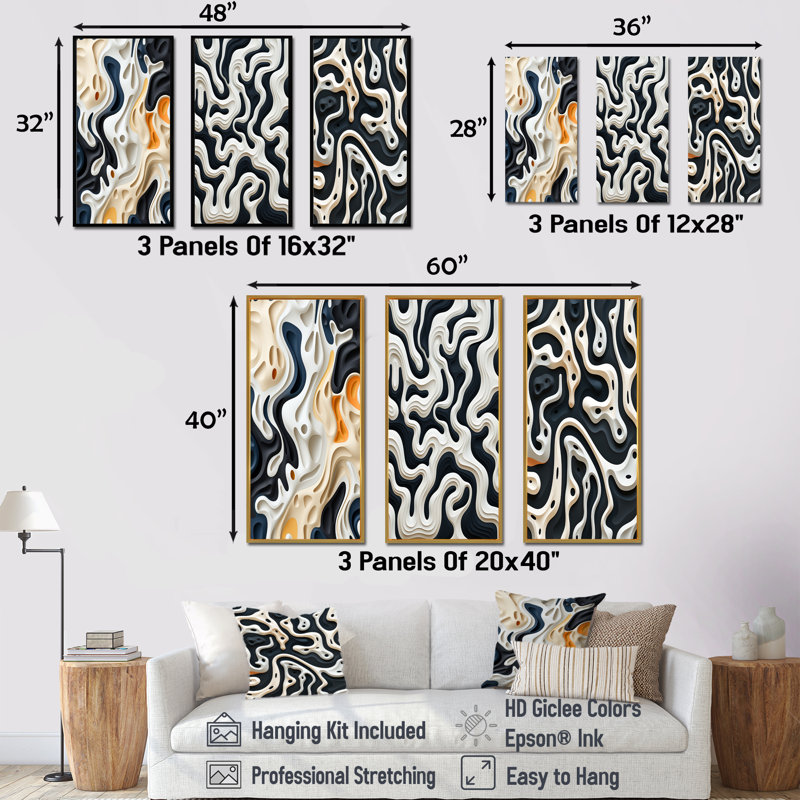 Black White Labyrinth Pattern, Brown Floater Framed, 40" H x 60" W
