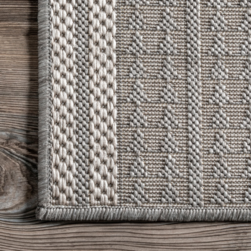 Tribal Indoor/Outdoor Area Rug, Square 6'7", Light Gray/Ivory