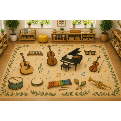 Large 6'7" x 9'10" Musical Instruments Area Rug, Soft Low Pile Indoor Rug with Non-Slip Silicone Backing for Kids Room, Playroom, Beige