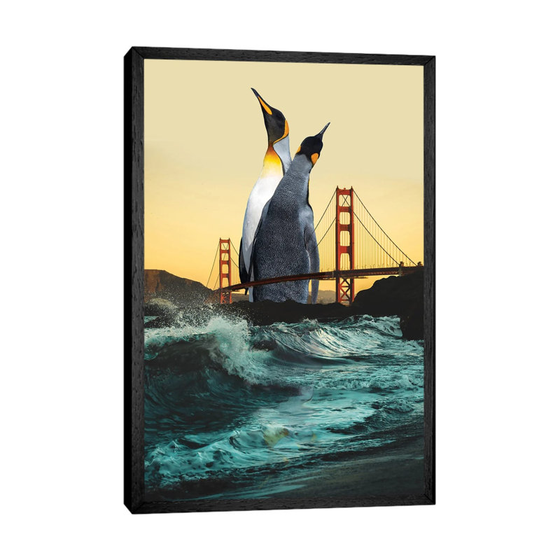 Golden Penguins by David Loblaw - Print on Canvas, Black Framed, 101.6 cm H x 66.04 cm W