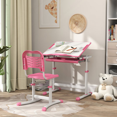 Ensemble de bureau et chaises pour enfants, bureau d'étude pour enfants à hauteur réglable avec bureau inclinable, tiroir de rangement, fente pour stylo, crochet, table ergonomique et chaise pour enfants, rose